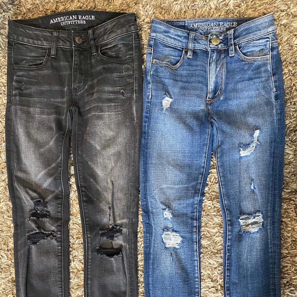 American Eagle Outfitters Women's Jeggings - Black & Blue Distressed Bundle